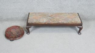 A Georgian style mahogany long foot stool along with a Victorian mahogany stool in original tapestry