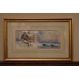 A framed an glazed watercolour on paper of a farm house in the snow with a lake and children