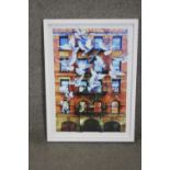 Three contemporary framed and glazed abstract coloured prints. One of a tenement block with white