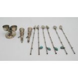A set of six white metal (tests silver) Egyptian ice tea spoons with turquoise ceramic scarabs (2
