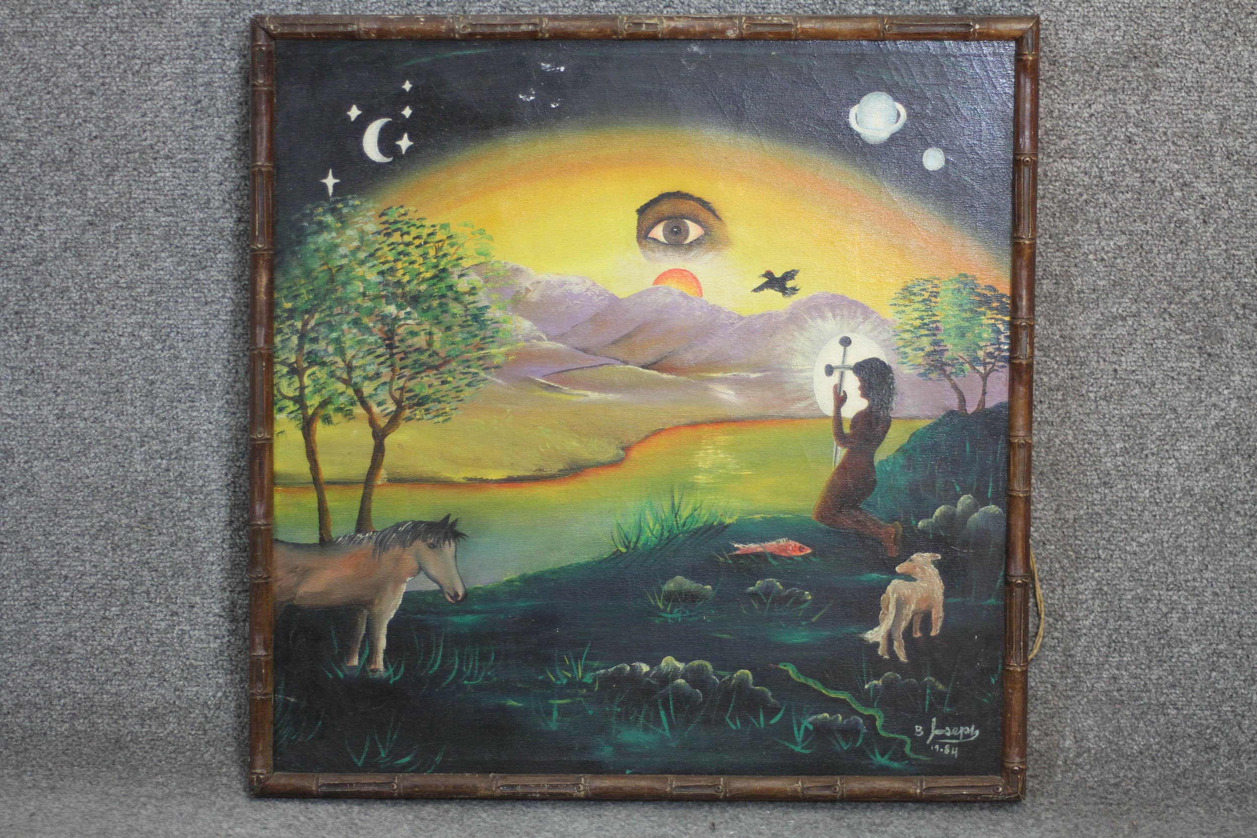 A framed oil on canvas of a surrealist landscape. Signed B. Joseph, 1987. H.56 W.56 - Image 2 of 4