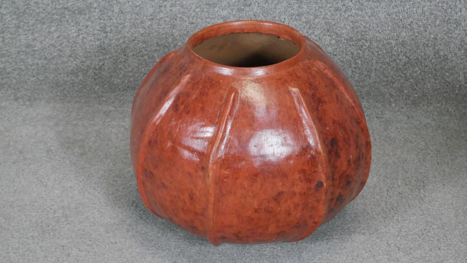 One ovoid ribbed terracotta effect ceramic vase along with a similar circular one. H.44CM - Image 3 of 4