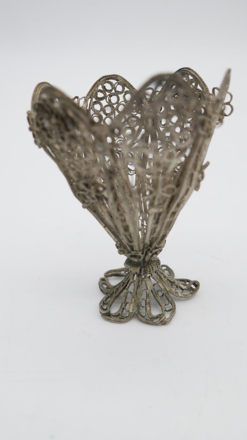 A white metal tea cup and filigree miniature vase along with a brass Islamic puzzle lock. H.10 W. - Image 4 of 5