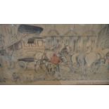 A French oak framed and glazed colour print of L'arrivee cour du carrousel, signed in plate. H.55