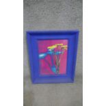 A framed coloured abstract print of dandelion flowers. H.57 W.47cm