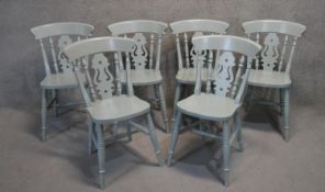 A set of six 19th century style painted bar back Windsor kitchen dining chairs on turned stretchered