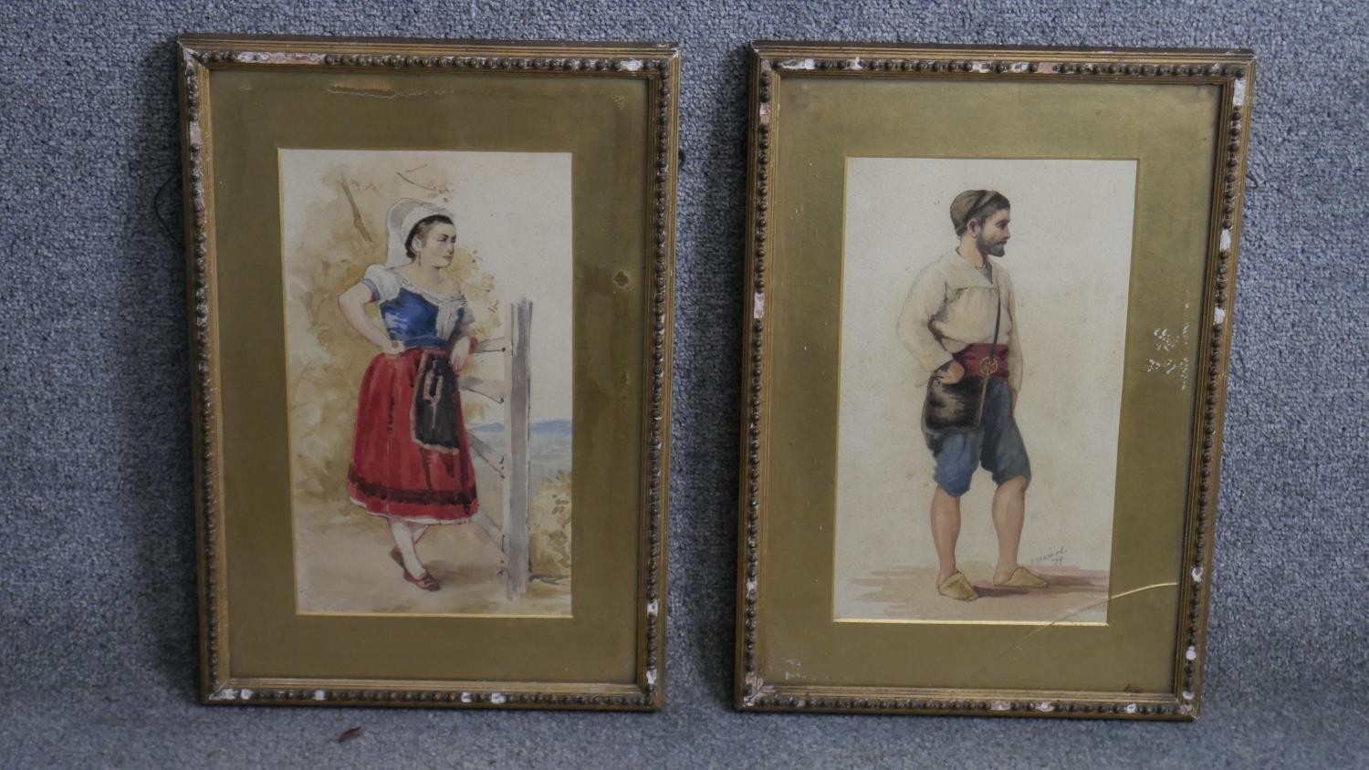 Two 19th century gilt framed and glazed watercolours of two figures in traditional costume. - Image 2 of 8