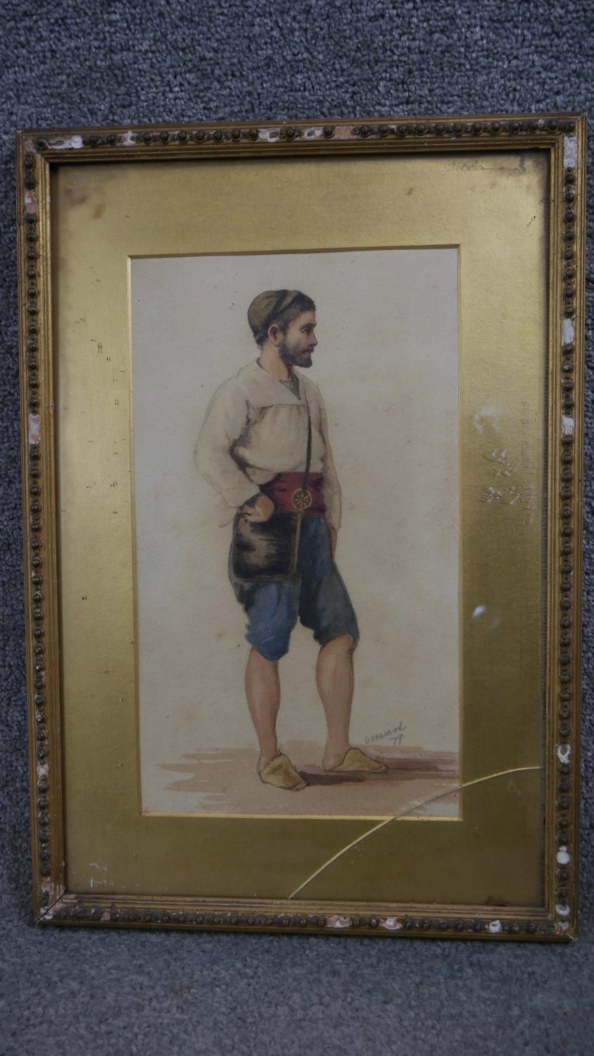 Two 19th century gilt framed and glazed watercolours of two figures in traditional costume. - Image 5 of 8