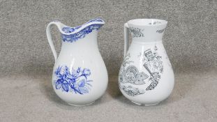 Two Victorian transfer design ceramic wash jugs. One with an Oriental fan design and one with roses.