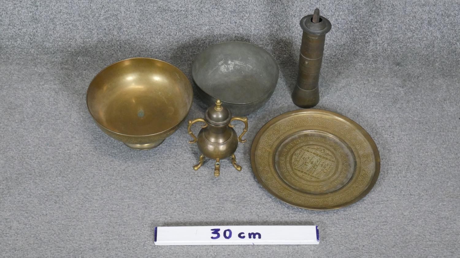 A collection of brass ware. Including a Turkish coffee grinder, a pedestal bowl and an engraved - Image 2 of 7