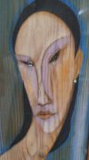 After Amedeo Modigliani- A framed and glazed pastel on board, female portrait. Signed. H.74 W.30cm
