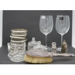 A collection of glass and silver. Including a pair of Darlington wine glasses, six silver plated