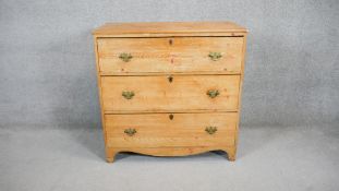 A 19th century pine chest of drawers on swept bracket supports. H.100 W.100 D.48 CM