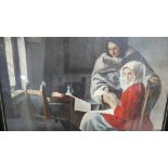 A framed and glazed coloured print of Johannes Vermeer oil on canvas titled 'Young Woman Interrupted