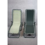 Two garden sun lounger chairs, one as new with label. H.74 L.160 W.55cm