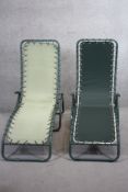 Two garden sun lounger chairs, one as new with label. H.74 L.160 W.55cm