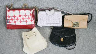 A collection of vintage handbags. Including a pony hair Orla Kiely red leather handbag, a Charles