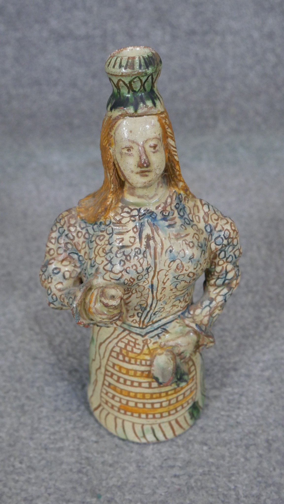 A glazed ceramic bottle in the form of a lady along with a Bavarian hand painted and gilded coffee - Image 4 of 5