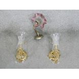 Three glass wall lights. Including a pair of brass and etched glass shade wall lights and a maroon