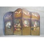 A Victorian four panel leather painted folding screen. Decorated with figures and roses. H.185 W.