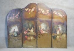 A Victorian four panel leather painted folding screen. Decorated with figures and roses. H.185 W.