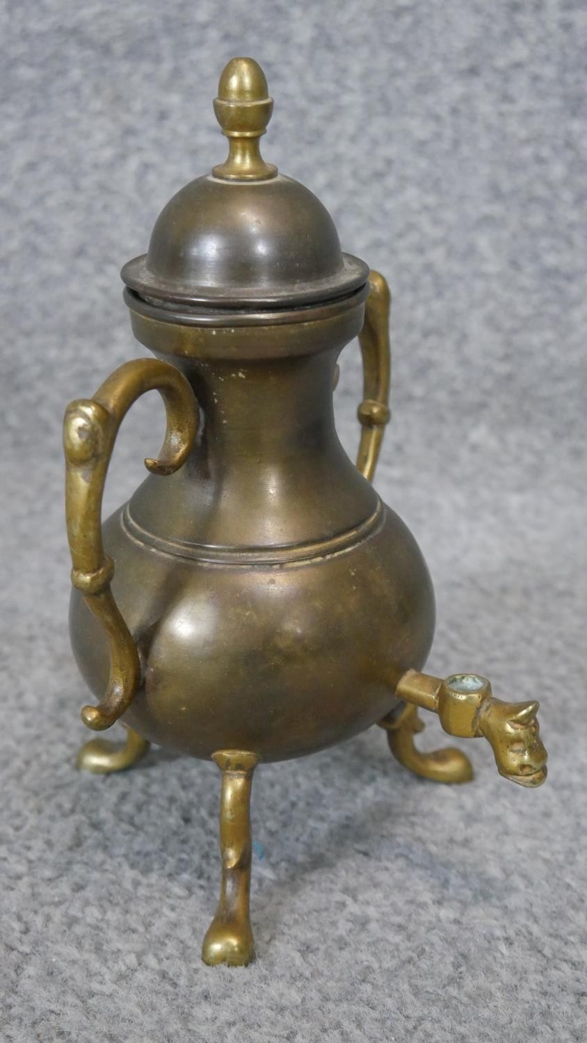 A collection of brass ware. Including a Turkish coffee grinder, a pedestal bowl and an engraved - Image 4 of 7