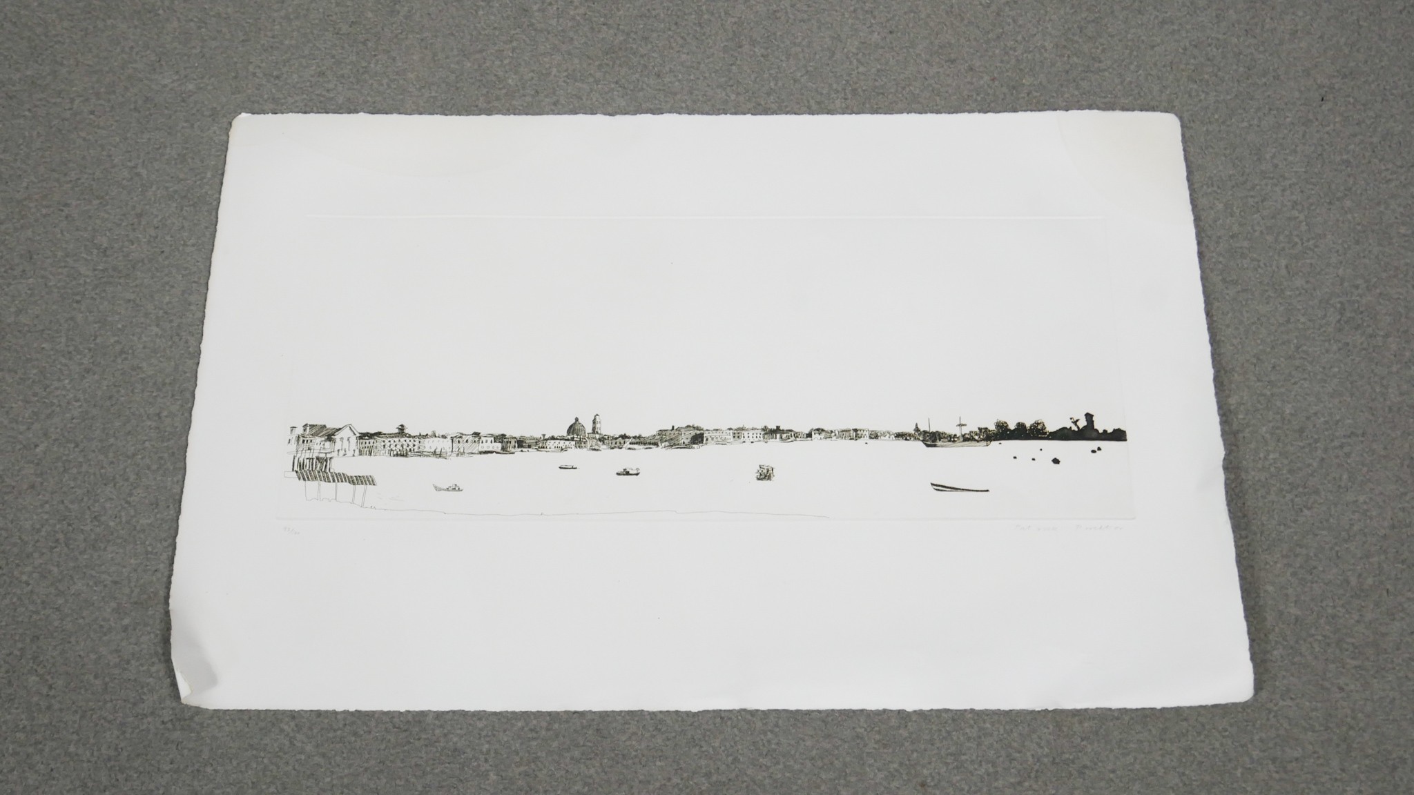 A signed limited edition etching by British artist Patrick Procktor of Venetian Skyline from the