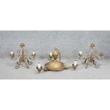 Three gilt metal chandeliers. A pair of scrolling design and crystal drop two branch chandeliers and