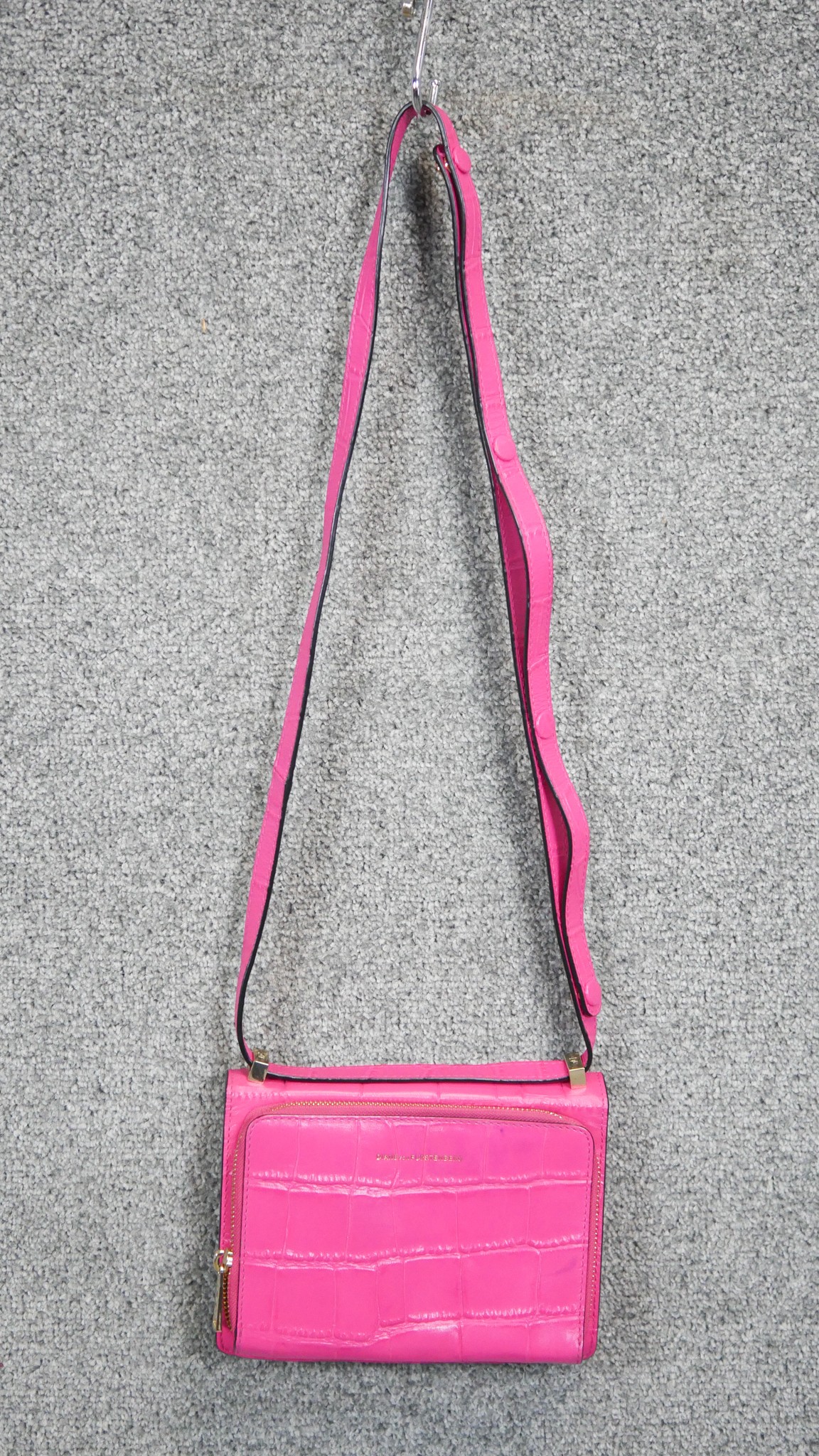 A neon pink Diane Von Furstenberg embossed leather crossbody bag. Brass Hardware and gilded name. - Image 3 of 9