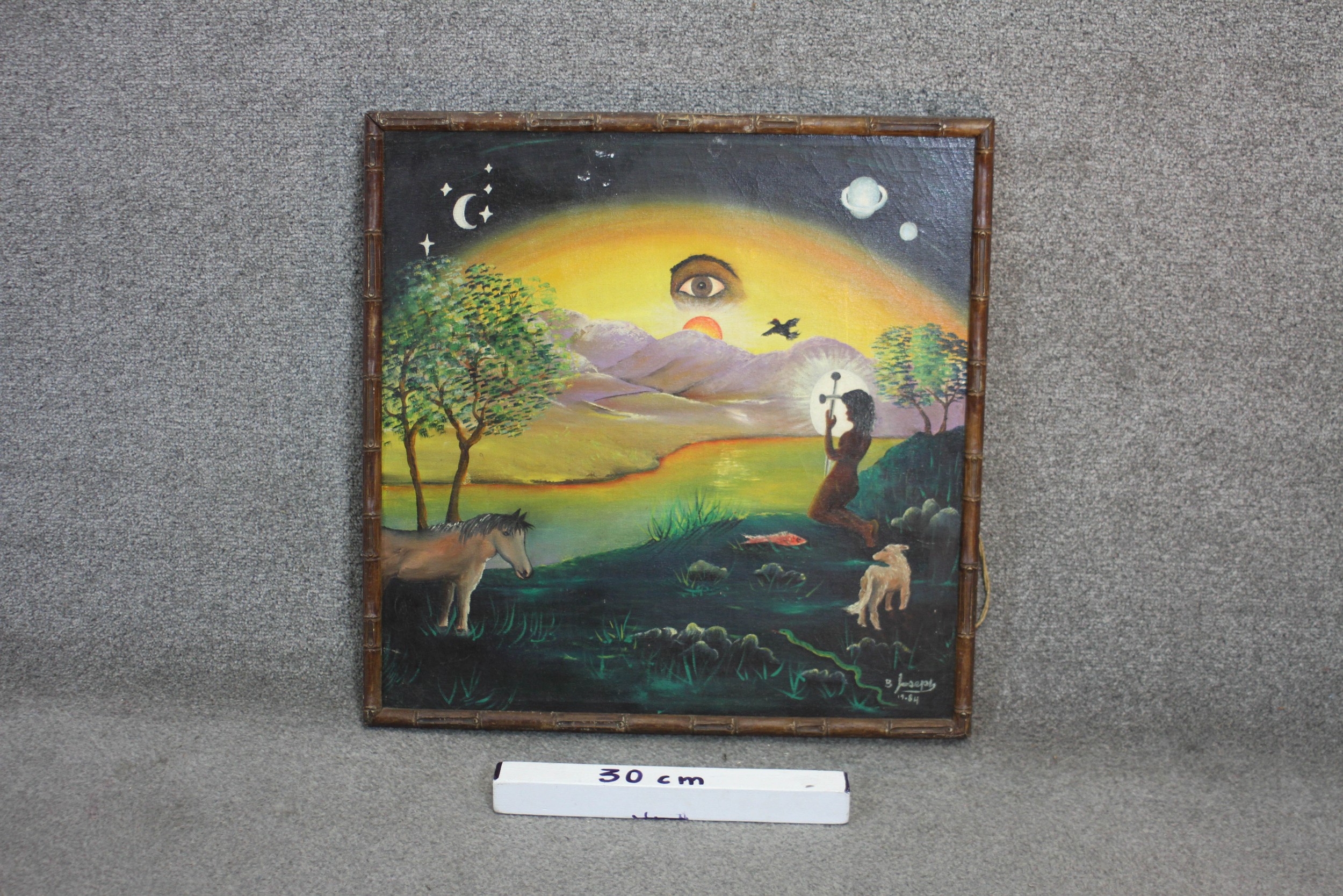 A framed oil on canvas of a surrealist landscape. Signed B. Joseph, 1987. H.56 W.56 - Image 3 of 4
