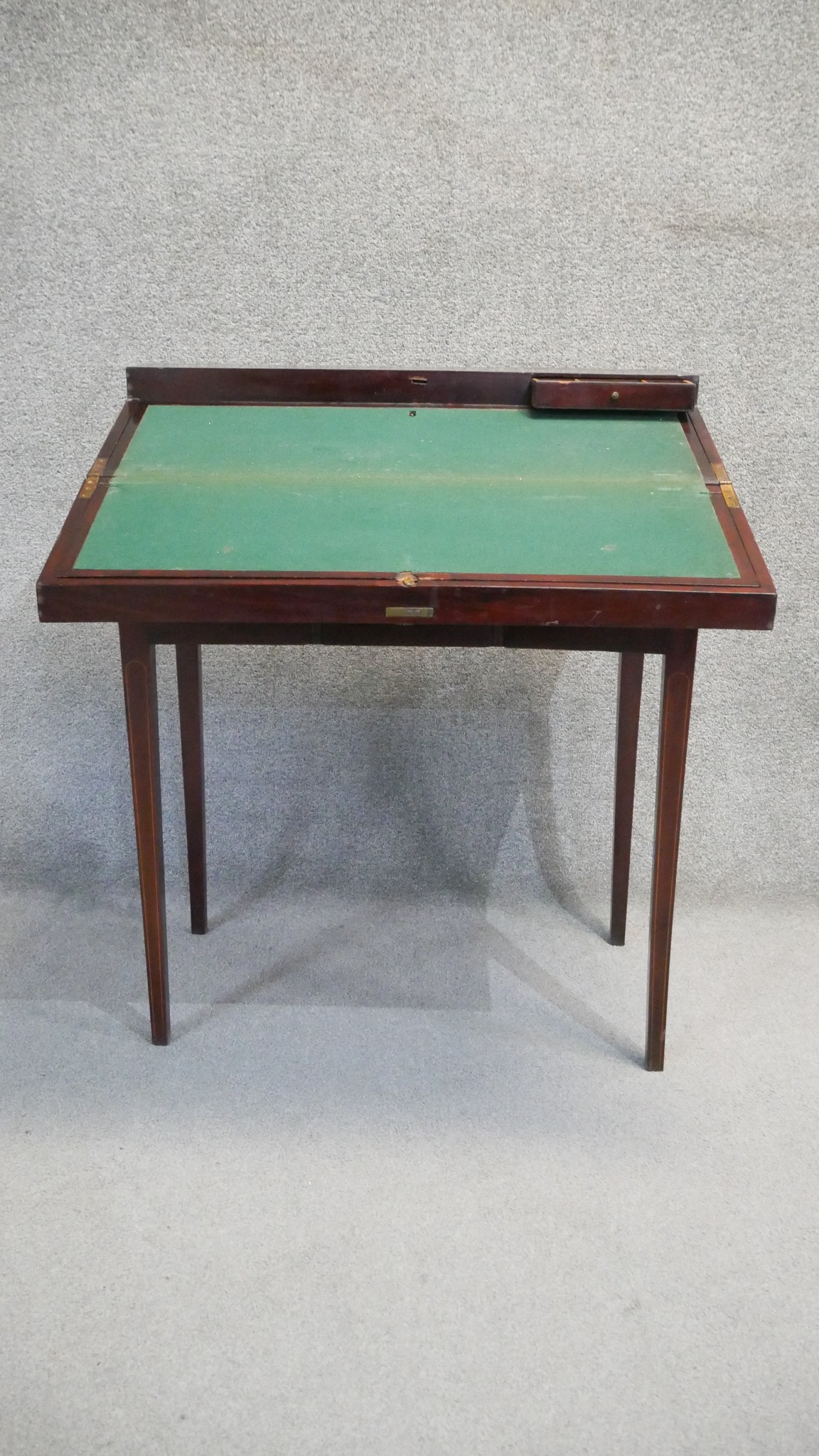 A 19th century mahogany and satinwood inlaid fold out writing desk with fitted interior on base with - Image 4 of 8