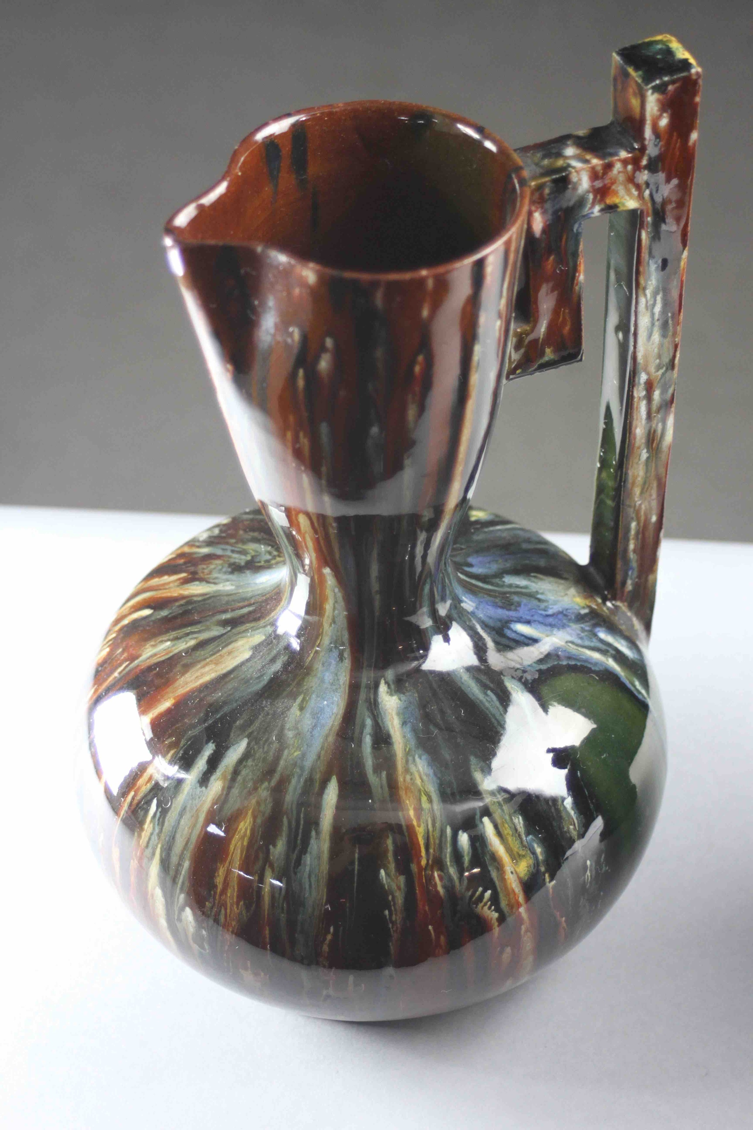 Christopher Dresser style, Lear Pottery, jug and twin handled vase. Multi-tone grey, brown, blue and - Image 3 of 5