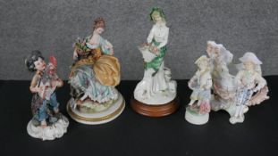 A collection of five hand painted porcelain figures. Including Capodimonte and other makers, one