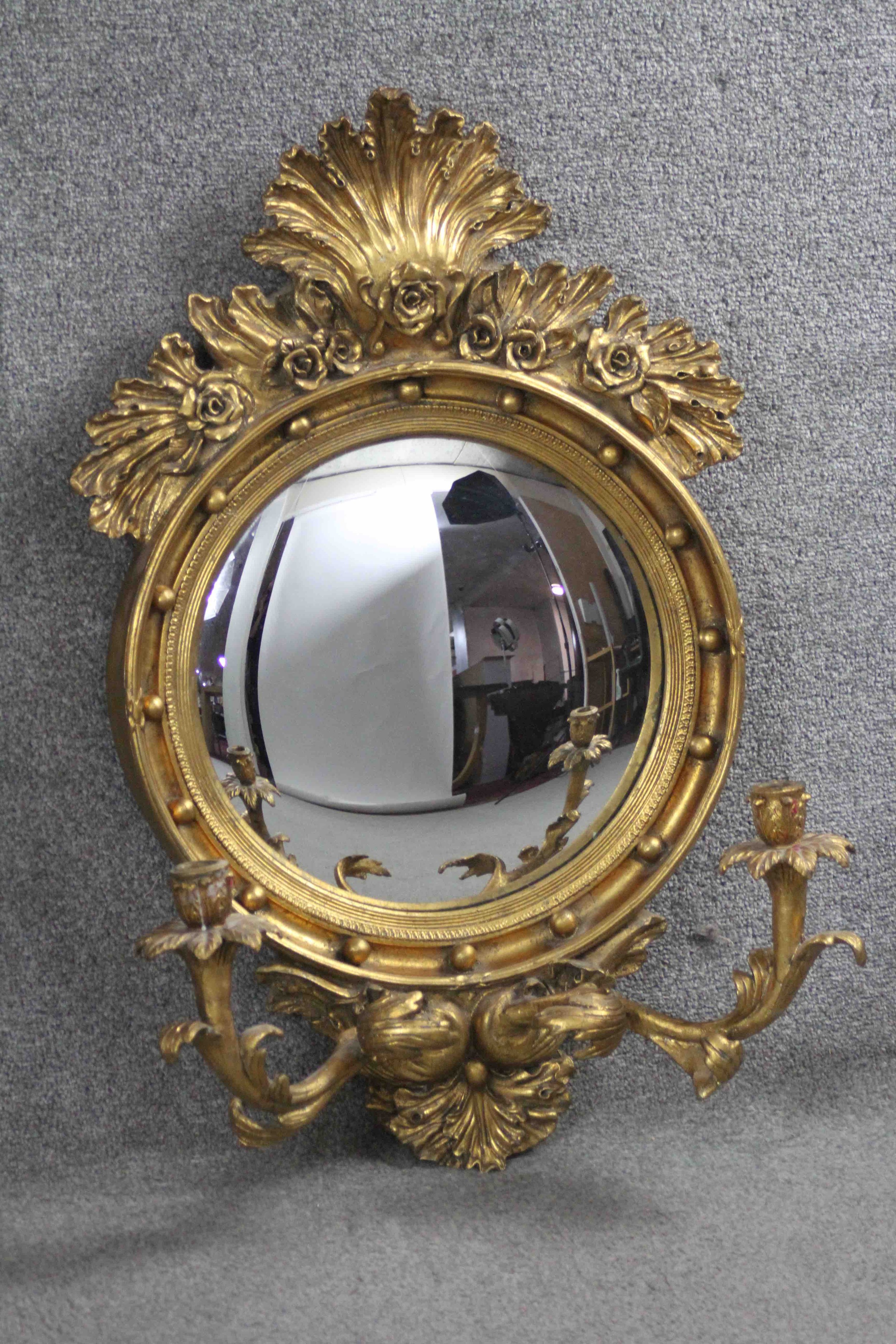 A Regency style gilt framed girandole with convex plate and foliate decoration and twin scrolling - Image 4 of 4