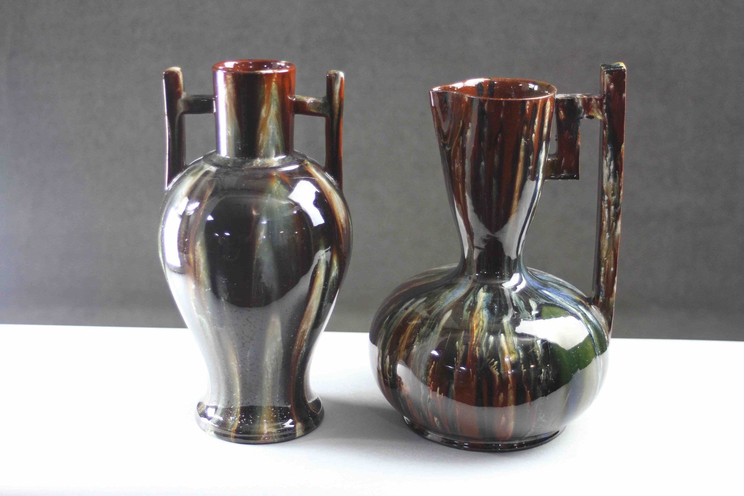 Christopher Dresser style, Lear Pottery, jug and twin handled vase. Multi-tone grey, brown, blue and - Image 5 of 5