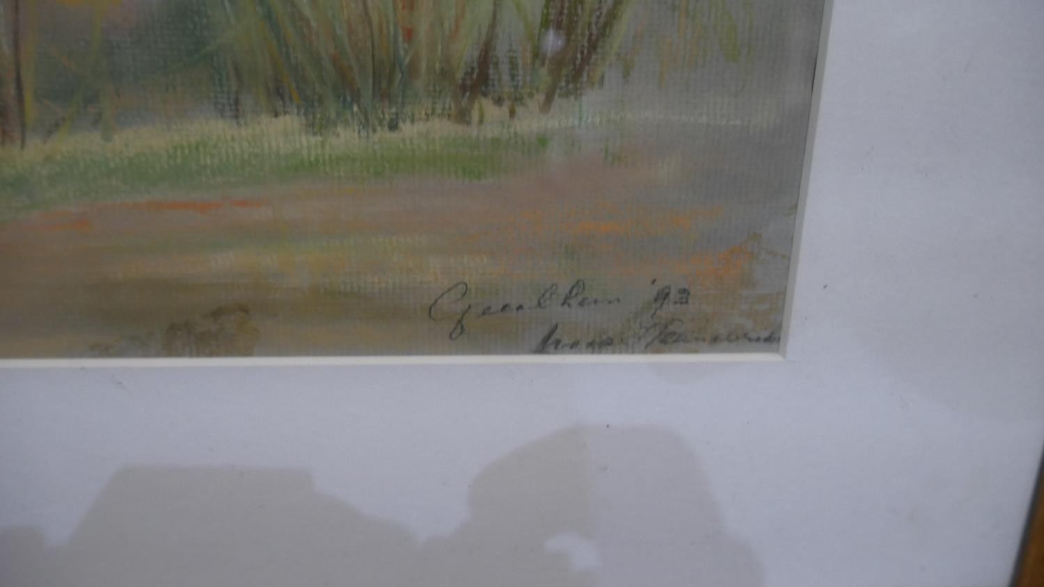 A framed and glazed pastel, parkland scene with lake, indistinctly signed. H.63 W.71cm - Image 4 of 5