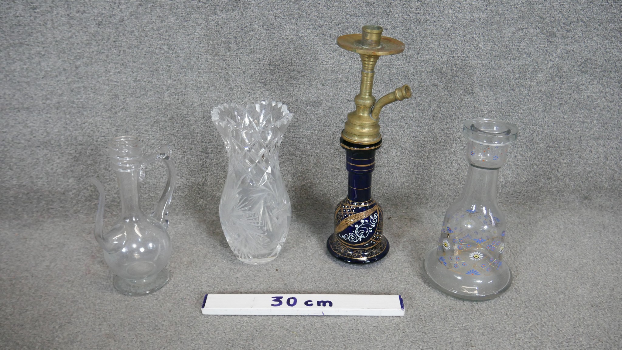 A collection of glassware. Including two hand painted hookah bases and a cut crystal vase. H. 39 ( - Image 2 of 6