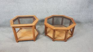 Two glass topped coffee tables with woven cane under tiers. H.50 W.65 D.53cm