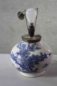 A Ming/Qing period Chinese blue and white hand painted porcelain vase converted into a lamp.