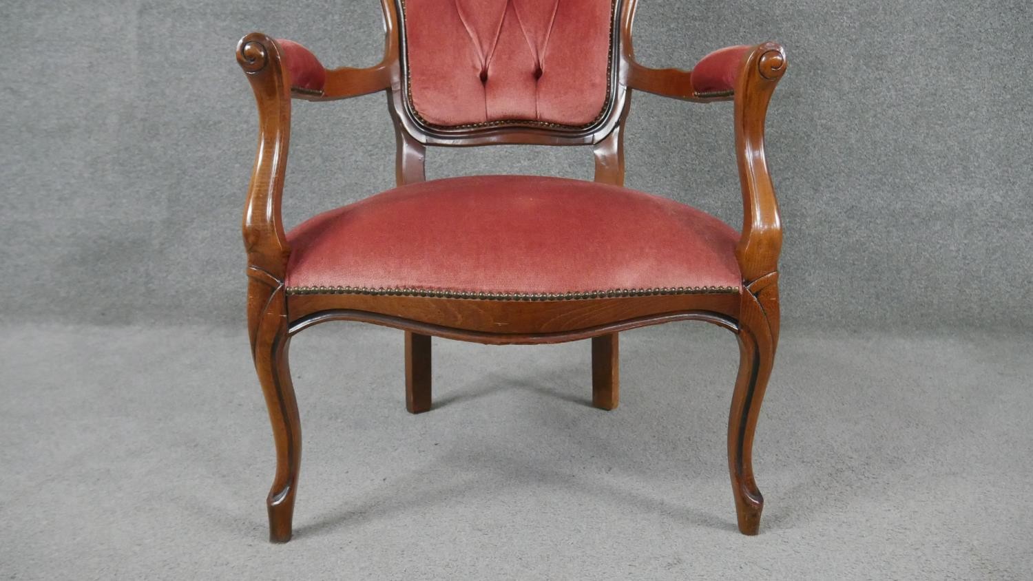 A pair of Continental style armchairs in buttoned velour upholstery on cabriole supports. - Image 5 of 5