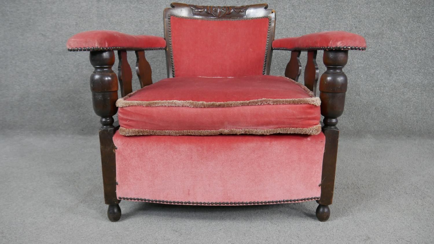 A pair of mid century oak framed armchairs in rose velour upholstery. - Image 5 of 5