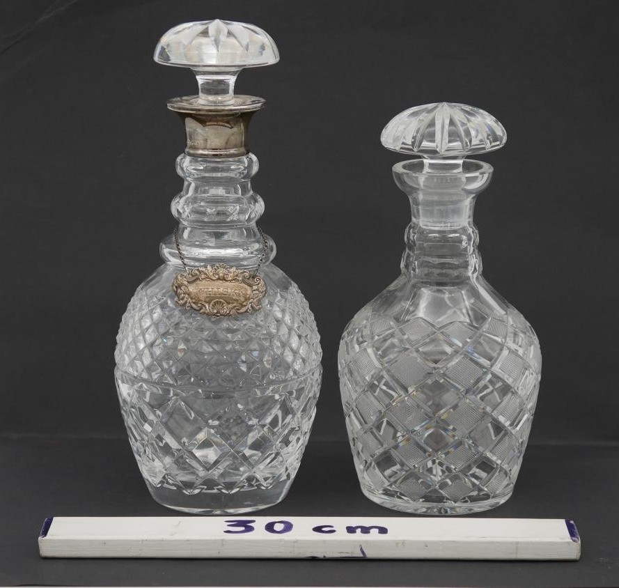 Two cut crystal decanters. One with a silver collar and silver repousse foliate design whisky - Image 6 of 6
