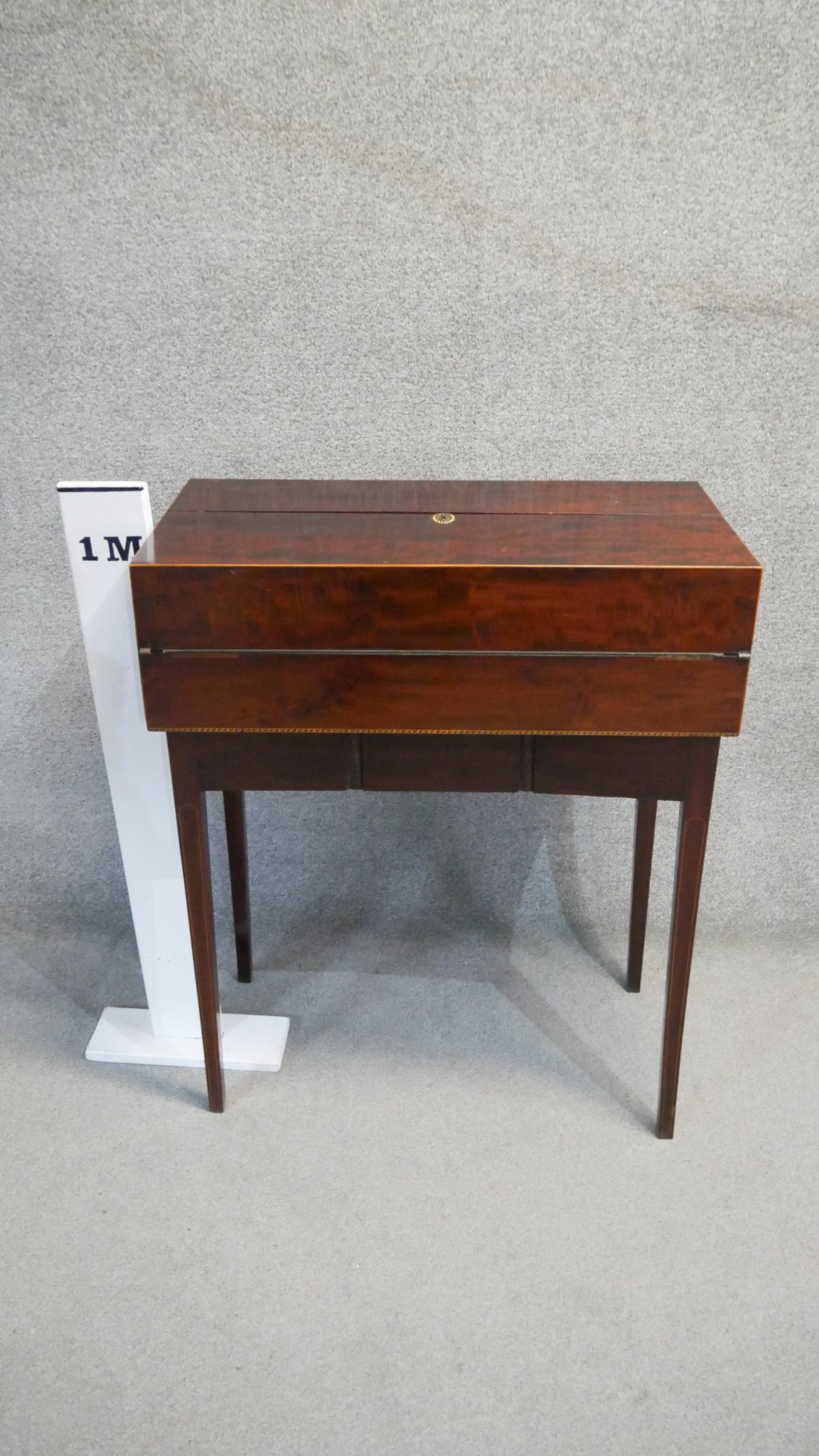 A 19th century mahogany and satinwood inlaid fold out writing desk with fitted interior on base with - Image 2 of 8