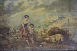 A 19th century oil on canvas of a mother and son tending to their pig. Signed H.30 W.45cm