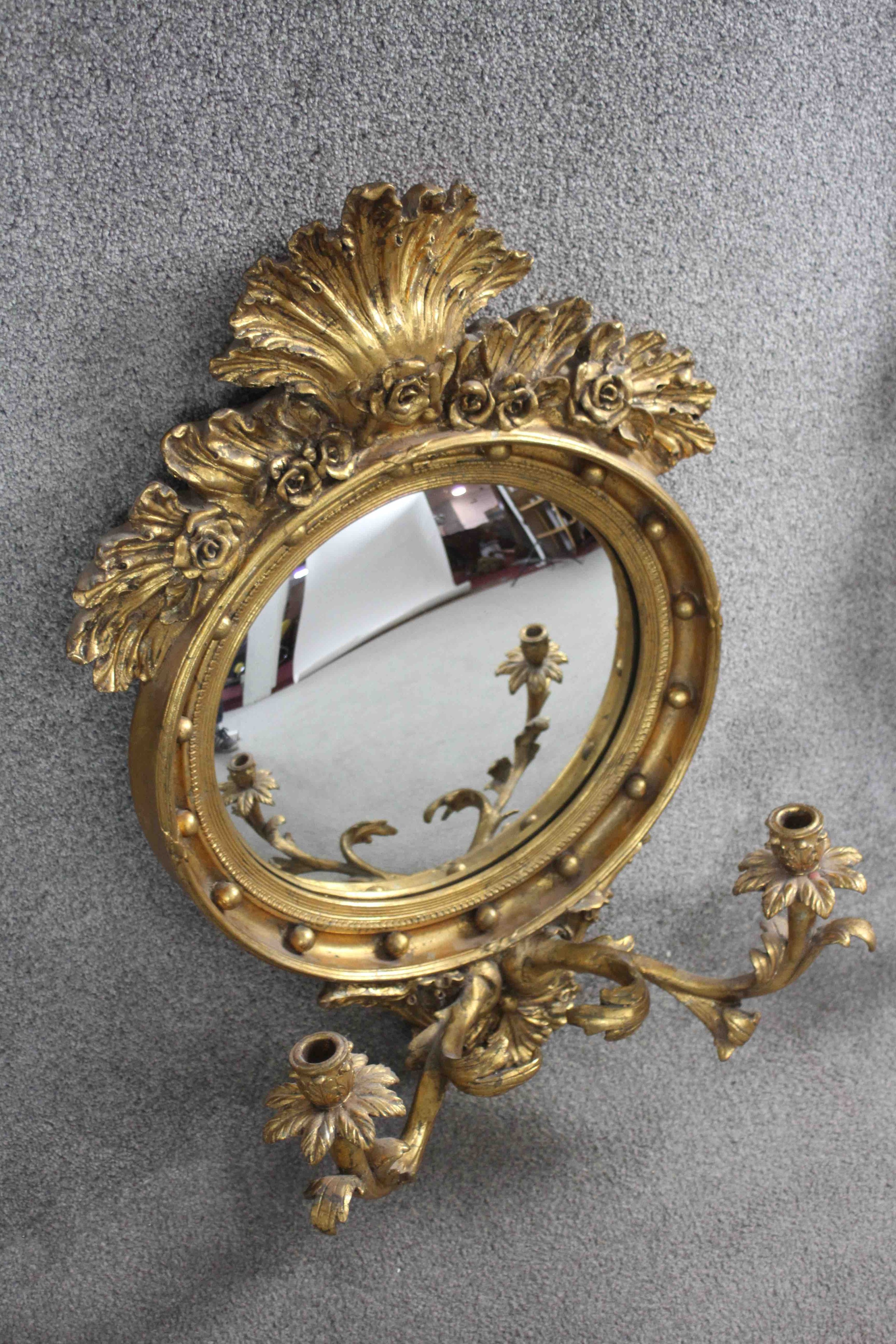 A Regency style gilt framed girandole with convex plate and foliate decoration and twin scrolling - Image 2 of 4