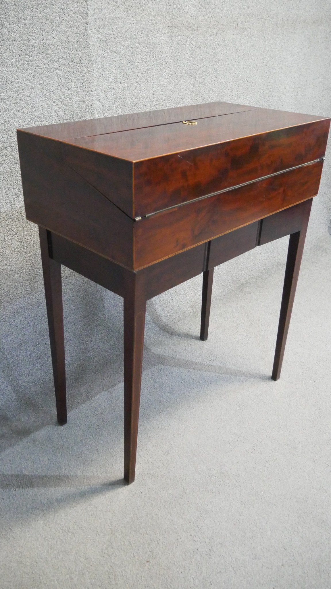 A 19th century mahogany and satinwood inlaid fold out writing desk with fitted interior on base with - Image 3 of 8