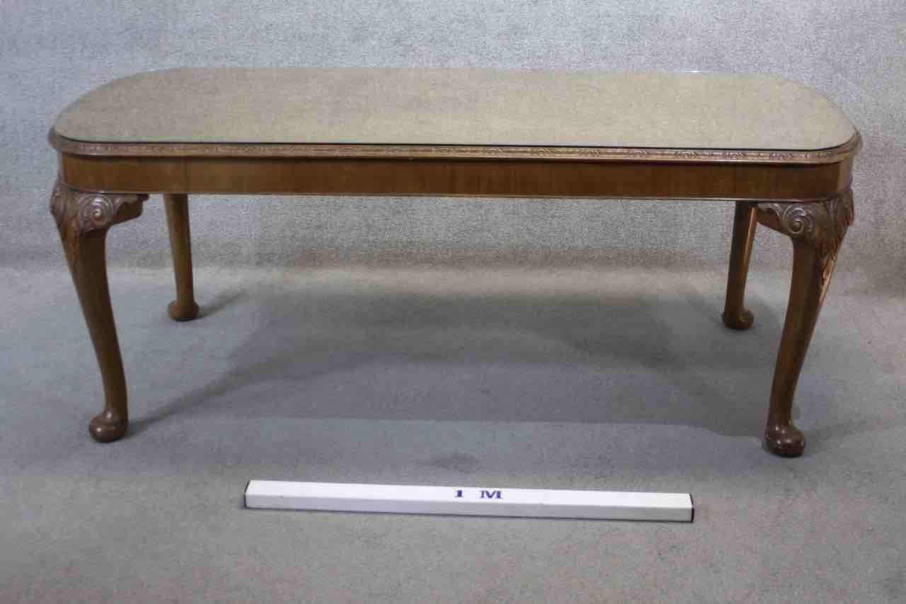 A mid century burr walnut Epstein dining table with plate glass top on carved cabriole supports. H. - Image 6 of 6