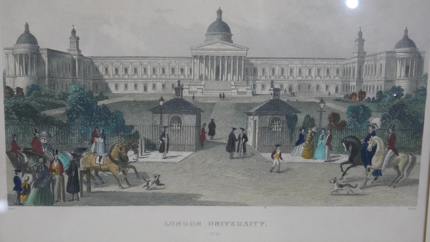 Three framed and glazed 19th century hand coloured engravings. One of London University, College - Image 2 of 8