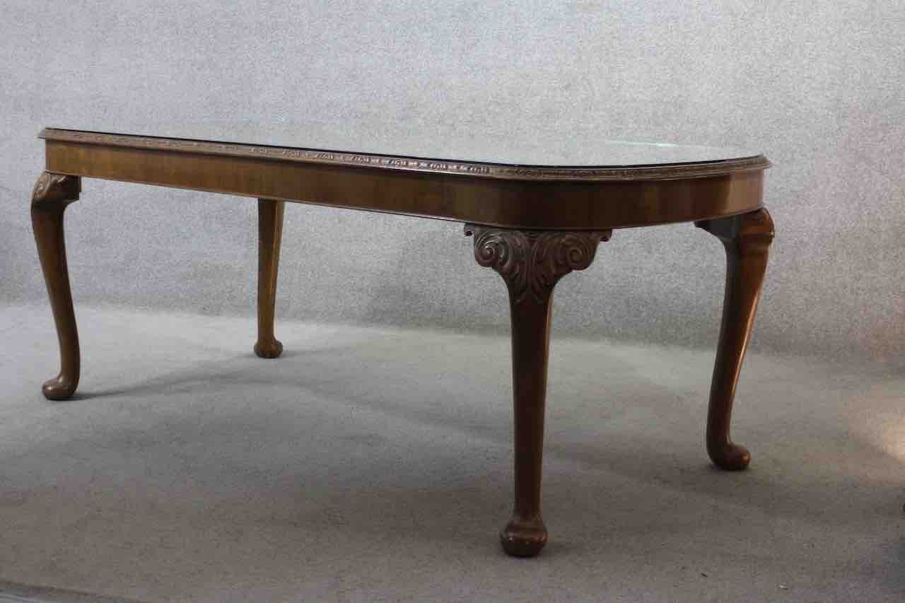 A mid century burr walnut Epstein dining table with plate glass top on carved cabriole supports. H. - Image 5 of 6