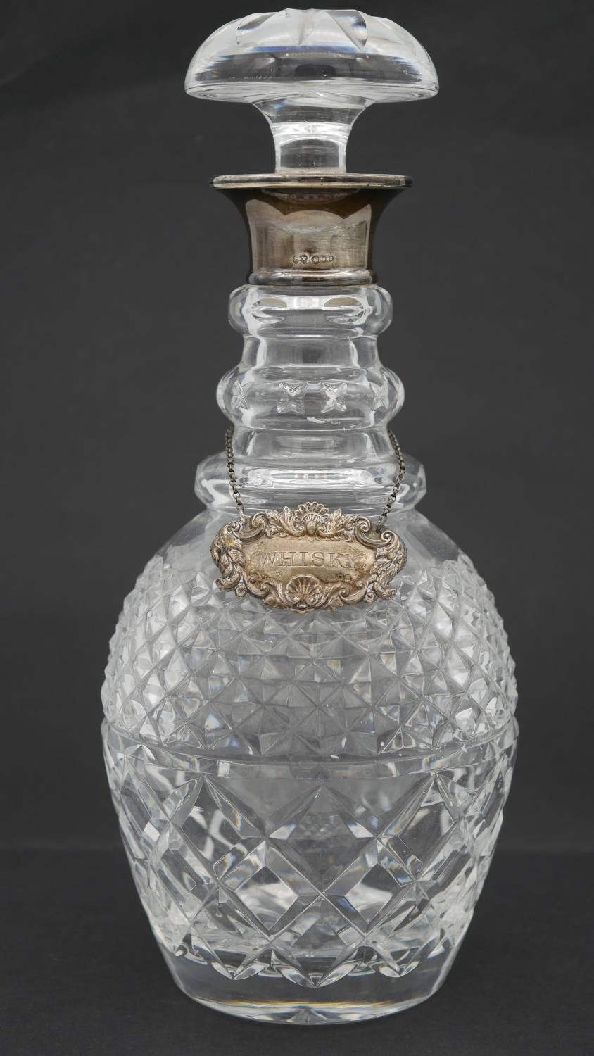 Two cut crystal decanters. One with a silver collar and silver repousse foliate design whisky - Image 2 of 6